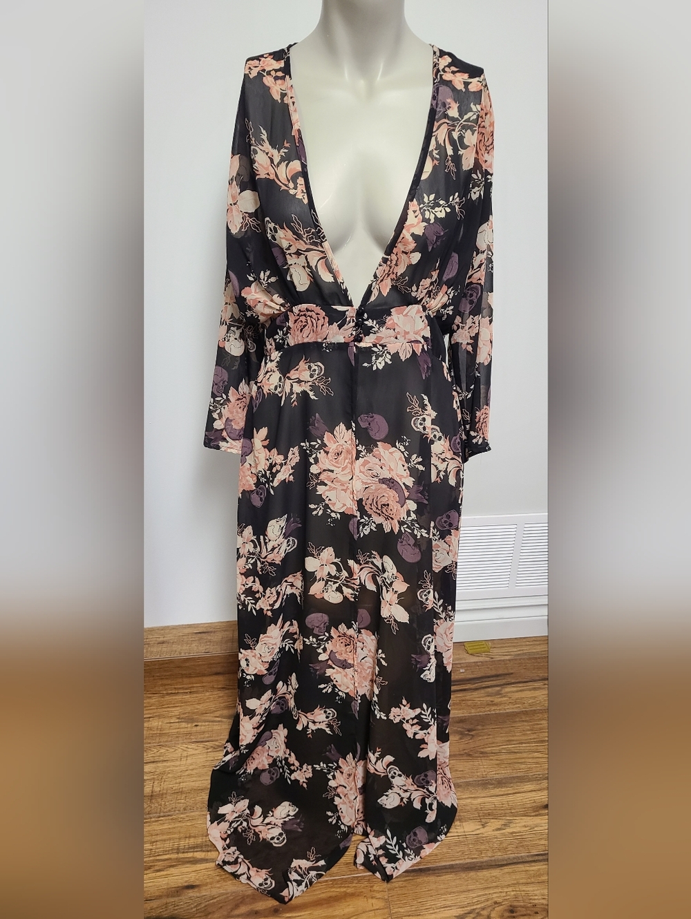 Japna Black Duster With Pink Florals And Skulls